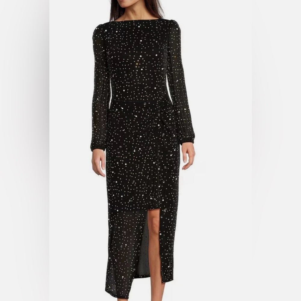 Alex Marie Lanette Boat Neck Long Sleeve Beaded Mesh Dress